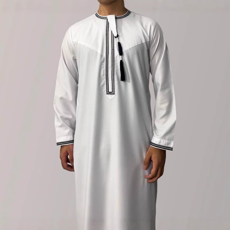 Men's Solid Crew Neck Embroidered Tassel Kaftan Long Sleeve Robe - Image 2