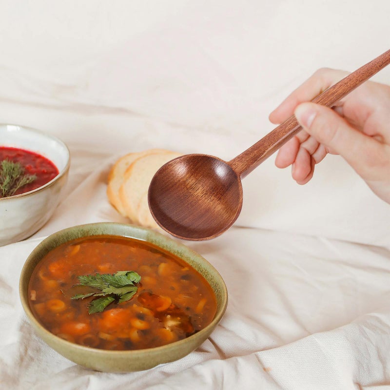 ملعقة شوربة خشبية طويلة المقبض على الطريقة اليابانية وملعقة أرز، مجموعة من 2 أداة تقديم للمطبخ - Image 5
