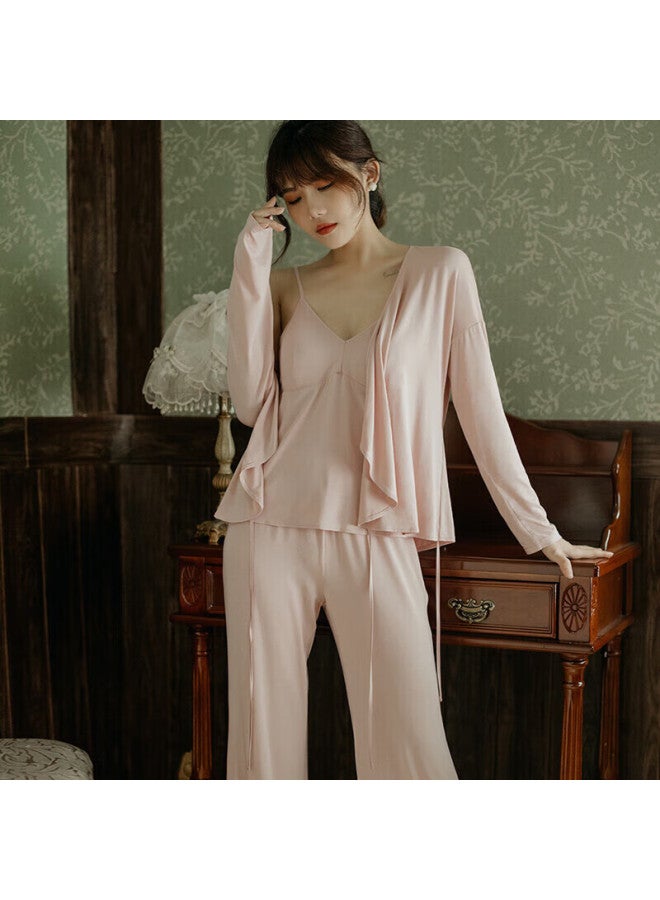 Agentmuse Women's Pajama Set, 60s Tencel Modal Spaghetti Strap Long Pants Three-piece Set, Chinese-style Loungewear With Cup Pads - Image 3