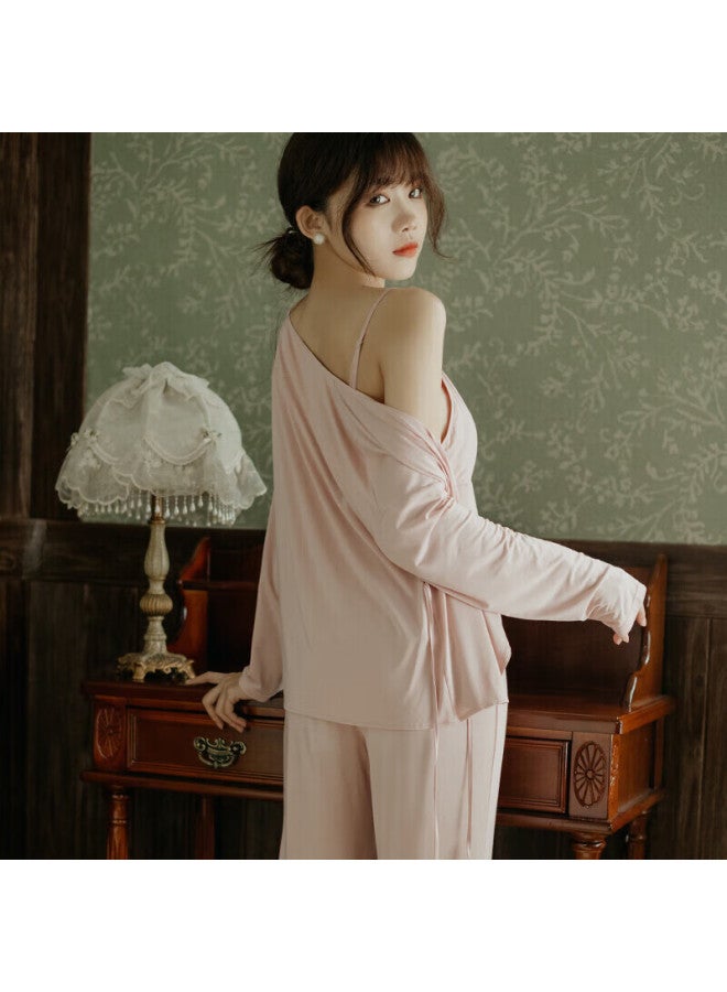 Agentmuse Women's Pajama Set, 60s Tencel Modal Spaghetti Strap Long Pants Three-piece Set, Chinese-style Loungewear With Cup Pads - Image 4