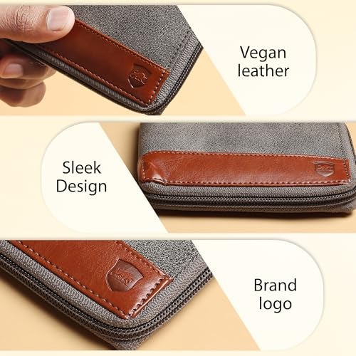 SAMTROH Unisex Line Design Zipper Round Chain Vegan Leather Wallet | 3 Card Slots, 2 Currency Compartments, 2 Secret Pockets & Coin Pocket | Ideal Purse for Men and Women (Tan) - Image 5