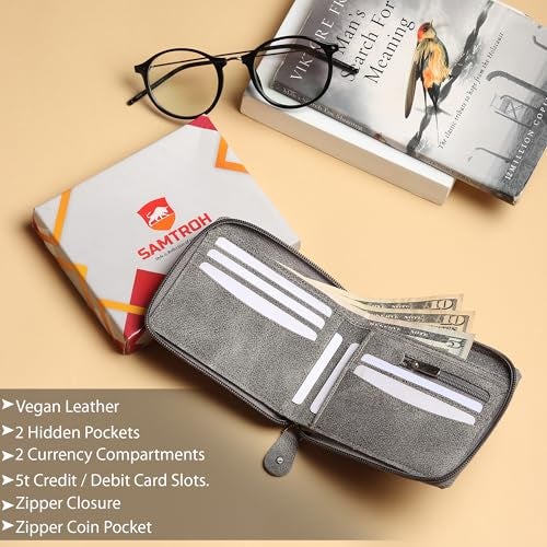 SAMTROH Unisex Line Design Zipper Round Chain Vegan Leather Wallet | 3 Card Slots, 2 Currency Compartments, 2 Secret Pockets & Coin Pocket | Ideal Purse for Men and Women (Tan) - Image 3