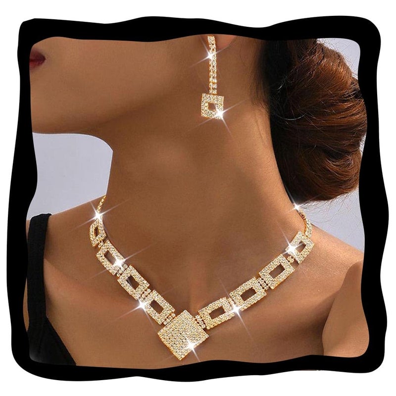 Unicra Crystal Bridal Wedding Jewelry Set Gold Rhinestone Necklace Earrings Bracelet Sets Formal Costume Jewelry for Women and Brides (Gold) - Image 1