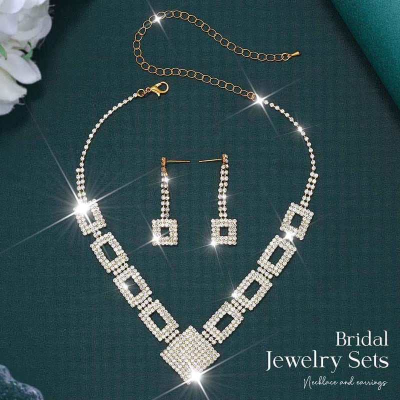 Unicra Crystal Bridal Wedding Jewelry Set Gold Rhinestone Necklace Earrings Bracelet Sets Formal Costume Jewelry for Women and Brides (Gold) - Image 2