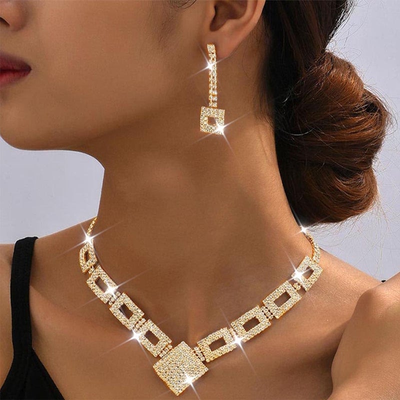 Unicra Crystal Bridal Wedding Jewelry Set Gold Rhinestone Necklace Earrings Bracelet Sets Formal Costume Jewelry for Women and Brides (Gold) - Image 3