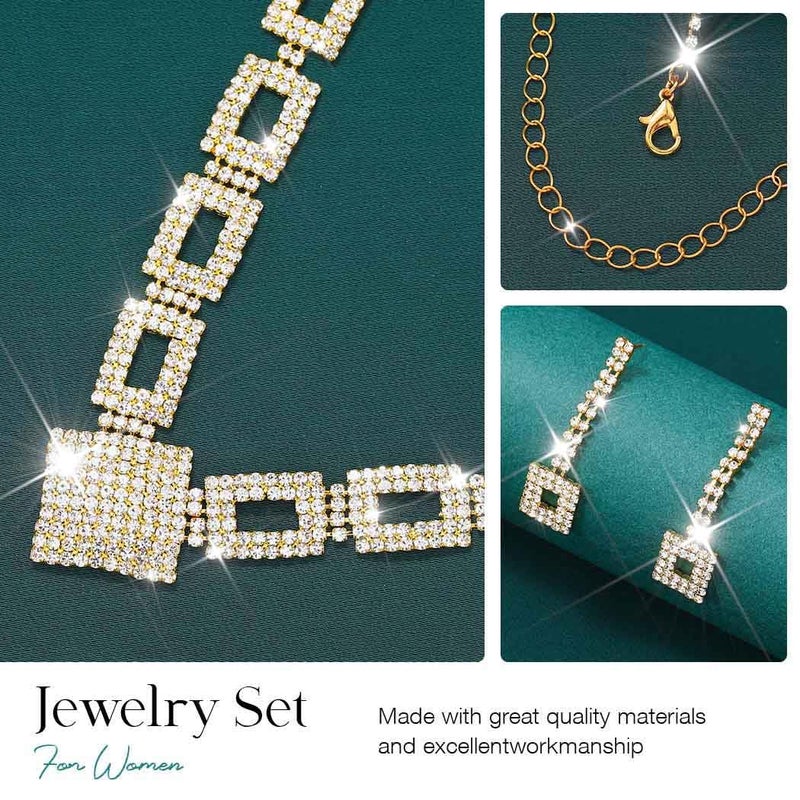 Unicra Crystal Bridal Wedding Jewelry Set Gold Rhinestone Necklace Earrings Bracelet Sets Formal Costume Jewelry for Women and Brides (Gold) - Image 5