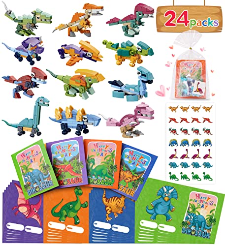 Colplay 24 Packs Valentines Day Gifts for Kids ClassroomDinosaur Building Blocks with Valentines Day Cards for Kids School Stickers Exchange Valentines Party Favors Boxes for Boys Girls - Image 1
