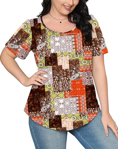 OFEEFAN Womens Blouses Dressy Casual Business Pleated Summer Tops Short Sleeve Boho Tops Fashion Clothing Brown XL - Image 4