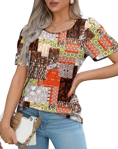 OFEEFAN Womens Blouses Dressy Casual Business Pleated Summer Tops Short Sleeve Boho Tops Fashion Clothing Brown XL - Image 3