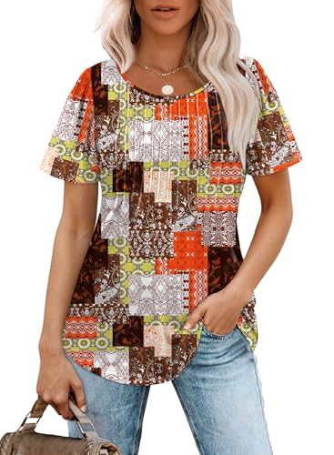 OFEEFAN Womens Blouses Dressy Casual Business Pleated Summer Tops Short Sleeve Boho Tops Fashion Clothing Brown XL - Image 2