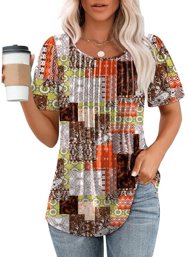 OFEEFAN Womens Blouses Dressy Casual Business Pleated Summer Tops Short Sleeve Boho Tops Fashion Clothing Brown XL - Image 1