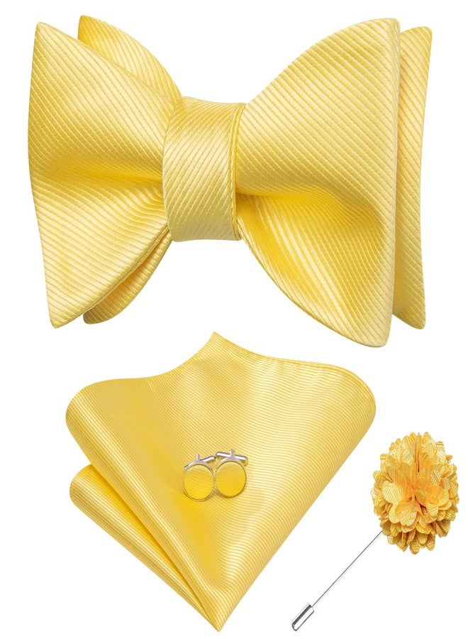 Dubulle Bright Yellow Self Tie Bow Ties for Men Mens Bowtie and Lapel Pin Pocket Square Cufflinks Set Wedding - Image 1