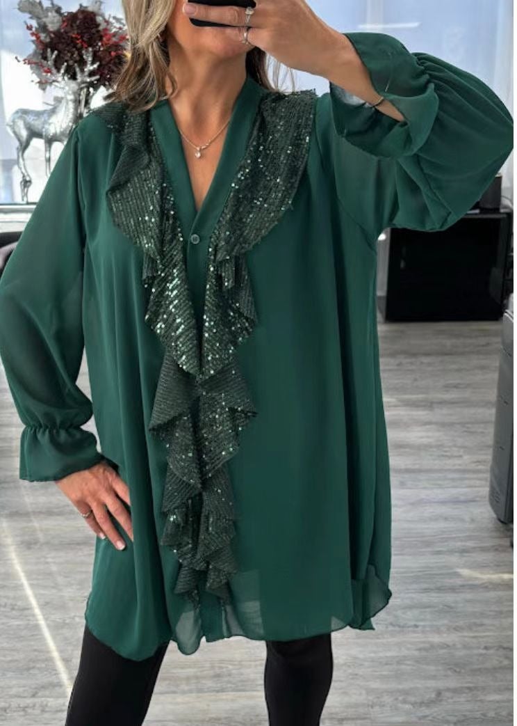 Women's V-Neck Long Sleeve Chiffon Mid-Length Shirt with Sequin Trim - Loose Fit, Solid Color, 2024 Winter Style