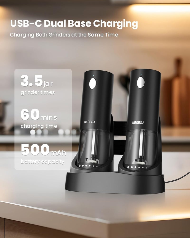 NEGESA Electric Salt and Pepper Grinder Set with Rechargeable Base - Automatic Refillable Electric Salt and Pepper Shakers with Large Capacity, LED Light & Adjustable Coarseness, Black - Image 3