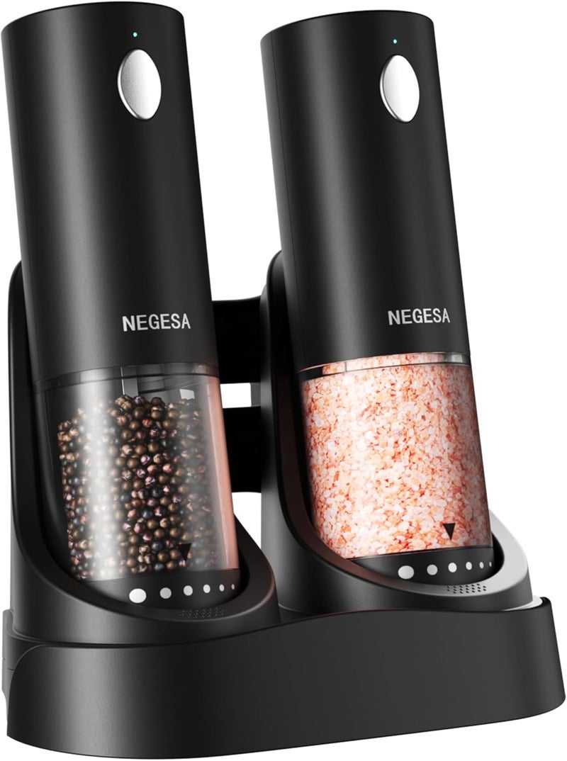 NEGESA Electric Salt and Pepper Grinder Set with Rechargeable Base - Automatic Refillable Electric Salt and Pepper Shakers with Large Capacity, LED Light & Adjustable Coarseness, Black - Image 1