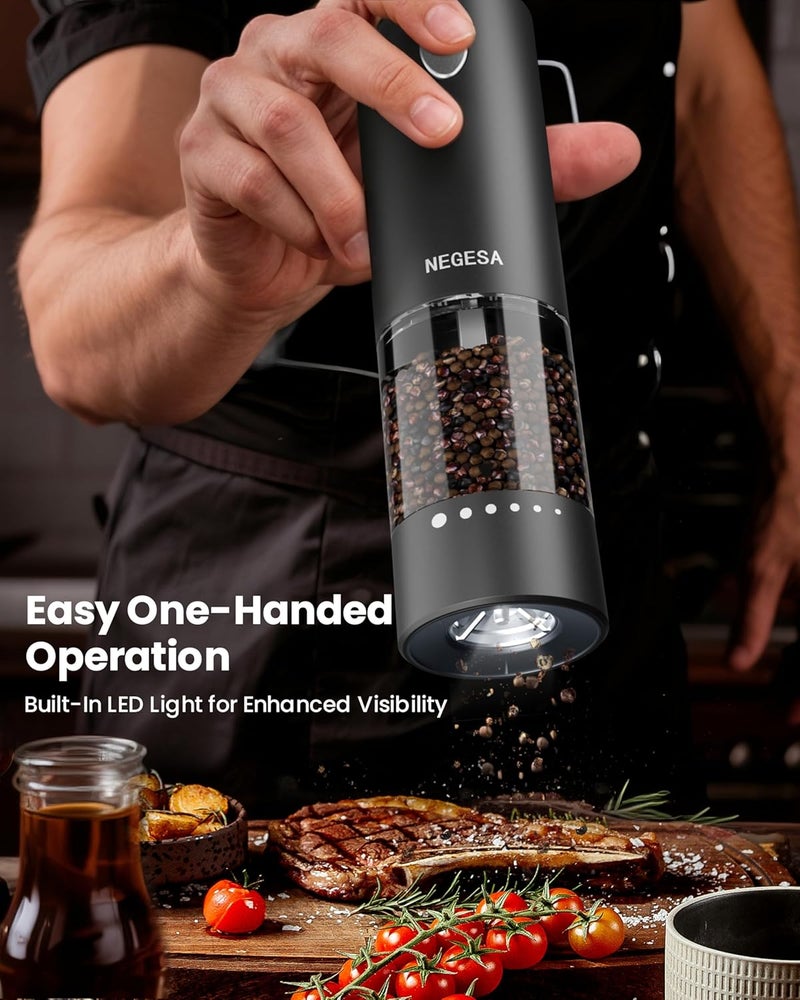 NEGESA Electric Salt and Pepper Grinder Set with Rechargeable Base - Automatic Refillable Electric Salt and Pepper Shakers with Large Capacity, LED Light & Adjustable Coarseness, Black - Image 4
