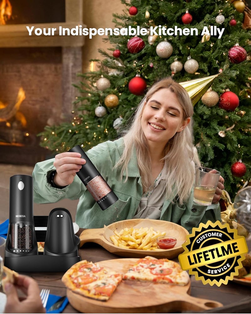 NEGESA Electric Salt and Pepper Grinder Set with Rechargeable Base - Automatic Refillable Electric Salt and Pepper Shakers with Large Capacity, LED Light & Adjustable Coarseness, Black - Image 2