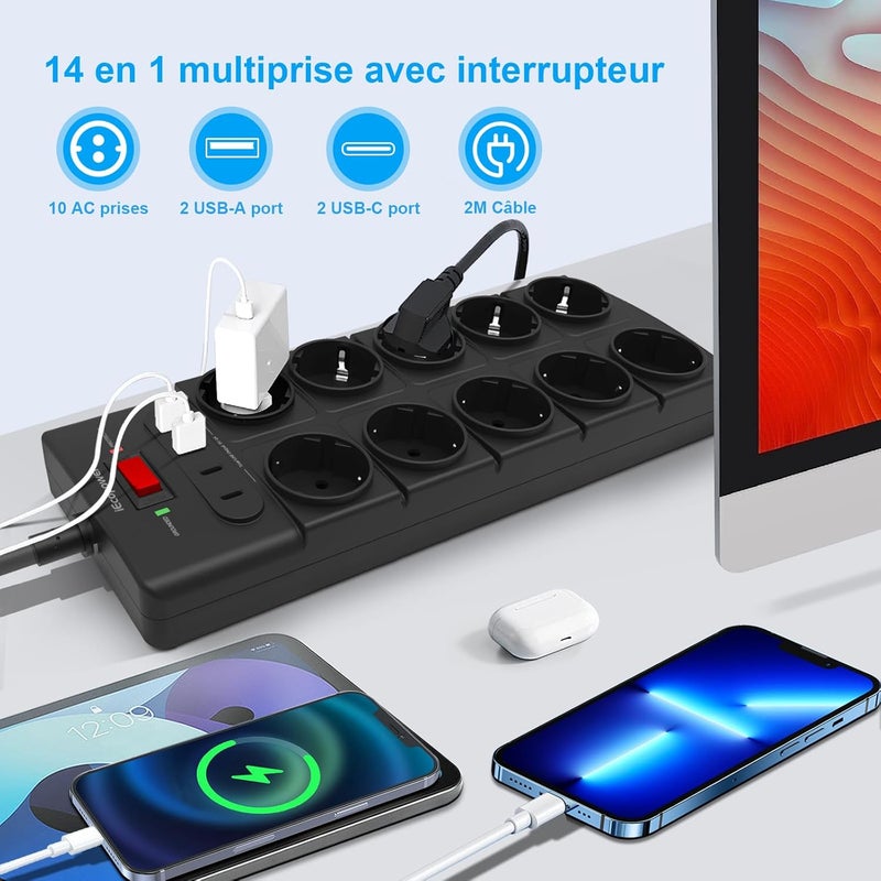 IECOPOWER 10 socket outlets, USB power strip (PD 20 W, 2 USB-C ports and 2 USB-A ports), power strip with switch, 4000 W/16 A, 1050 J, surge protector and 2 m - Image 2