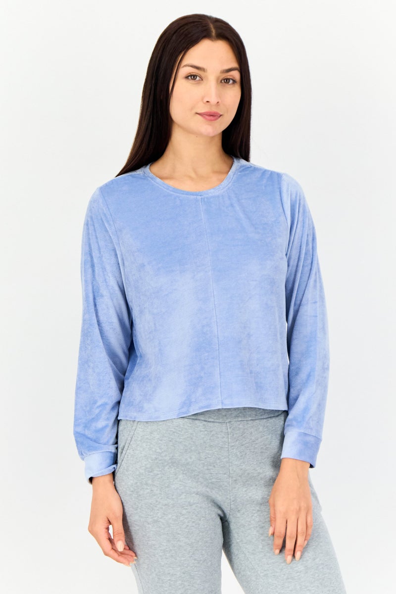 zivame Women Crew Neck Textured Long Sleeve Sleepwear, Light Blue - Image 1