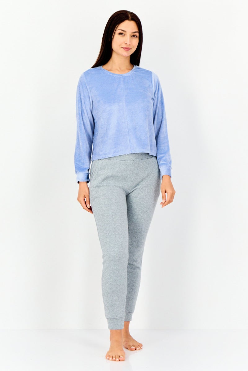 zivame Women Crew Neck Textured Long Sleeve Sleepwear, Light Blue - Image 3
