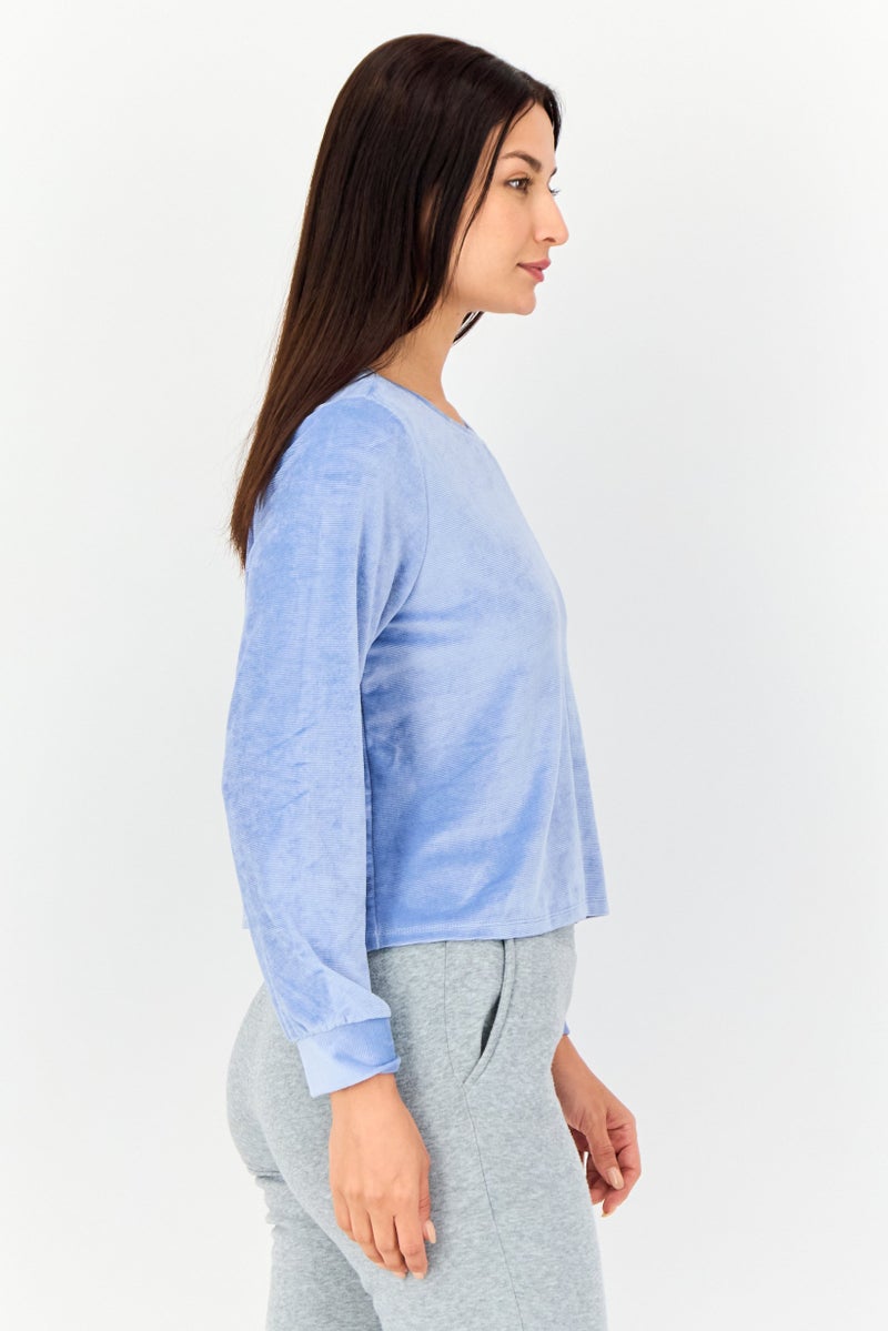 zivame Women Crew Neck Textured Long Sleeve Sleepwear, Light Blue - Image 4