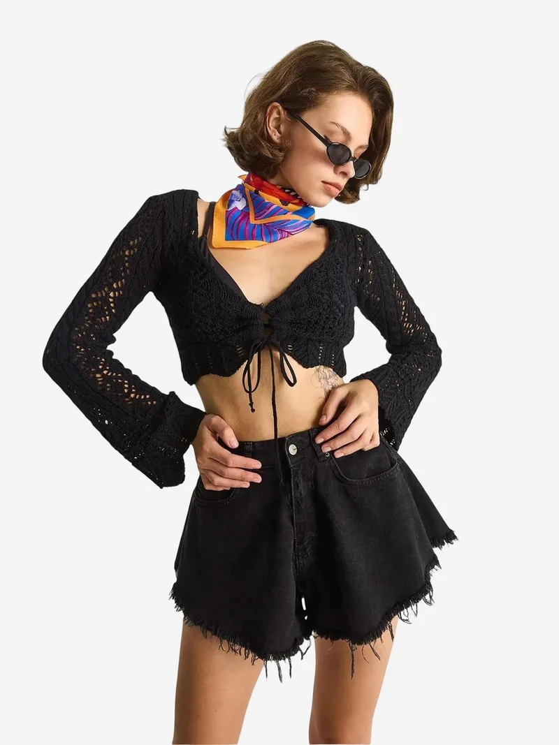 Bianco Lucci Black LUCCI Knitwear V-Neck Long Sleeve Crop Bolero for Women | Best Price UAE