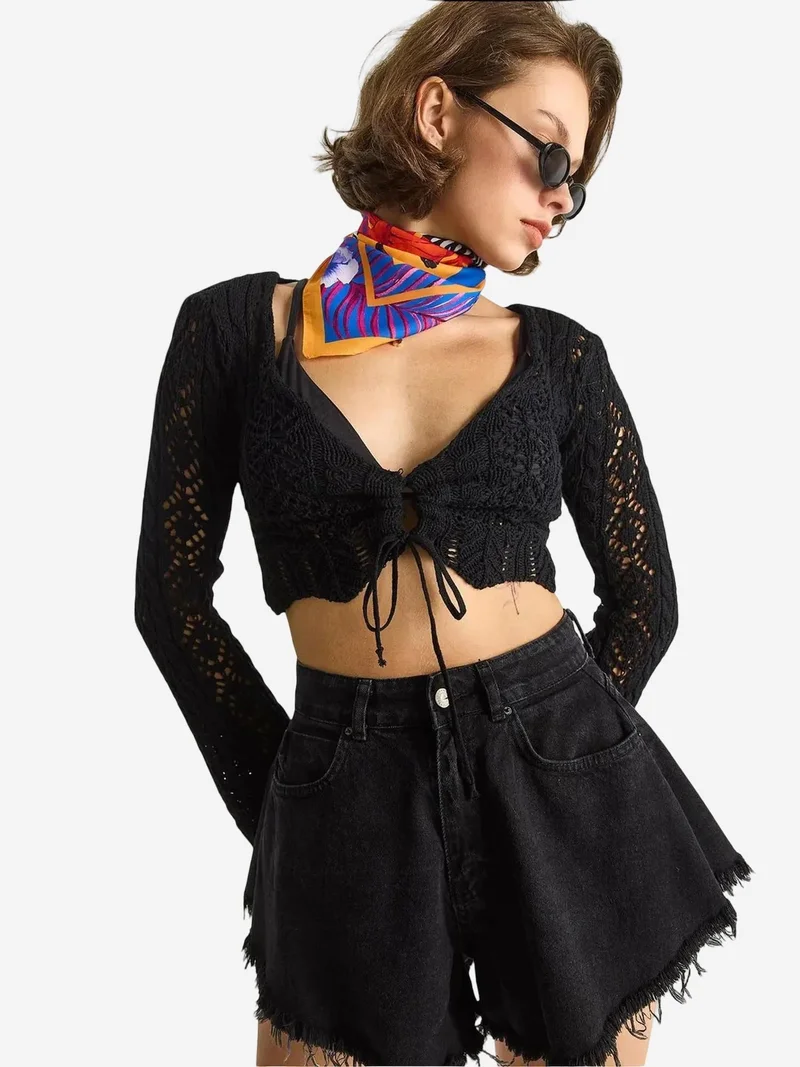Bianco Lucci Black LUCCI Knitwear V-Neck Long Sleeve Crop Bolero for Women | Best Price UAE