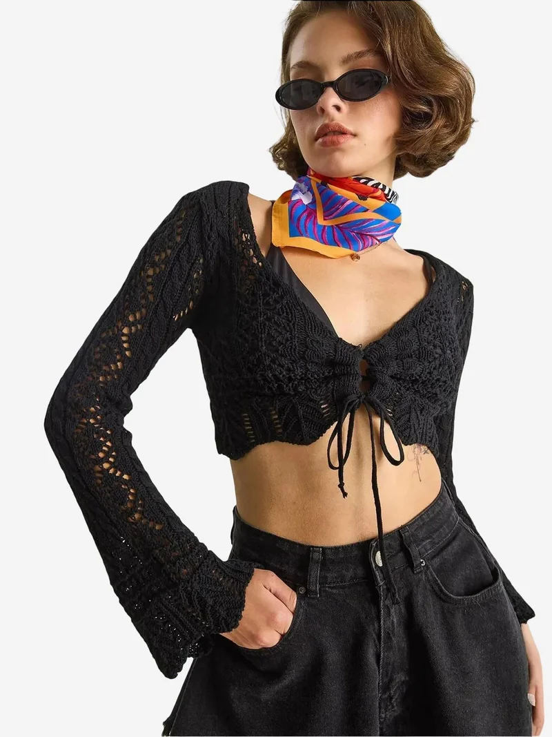 Bianco Lucci LUCCI Knitwear V-Neck Long Sleeve Crop Bolero