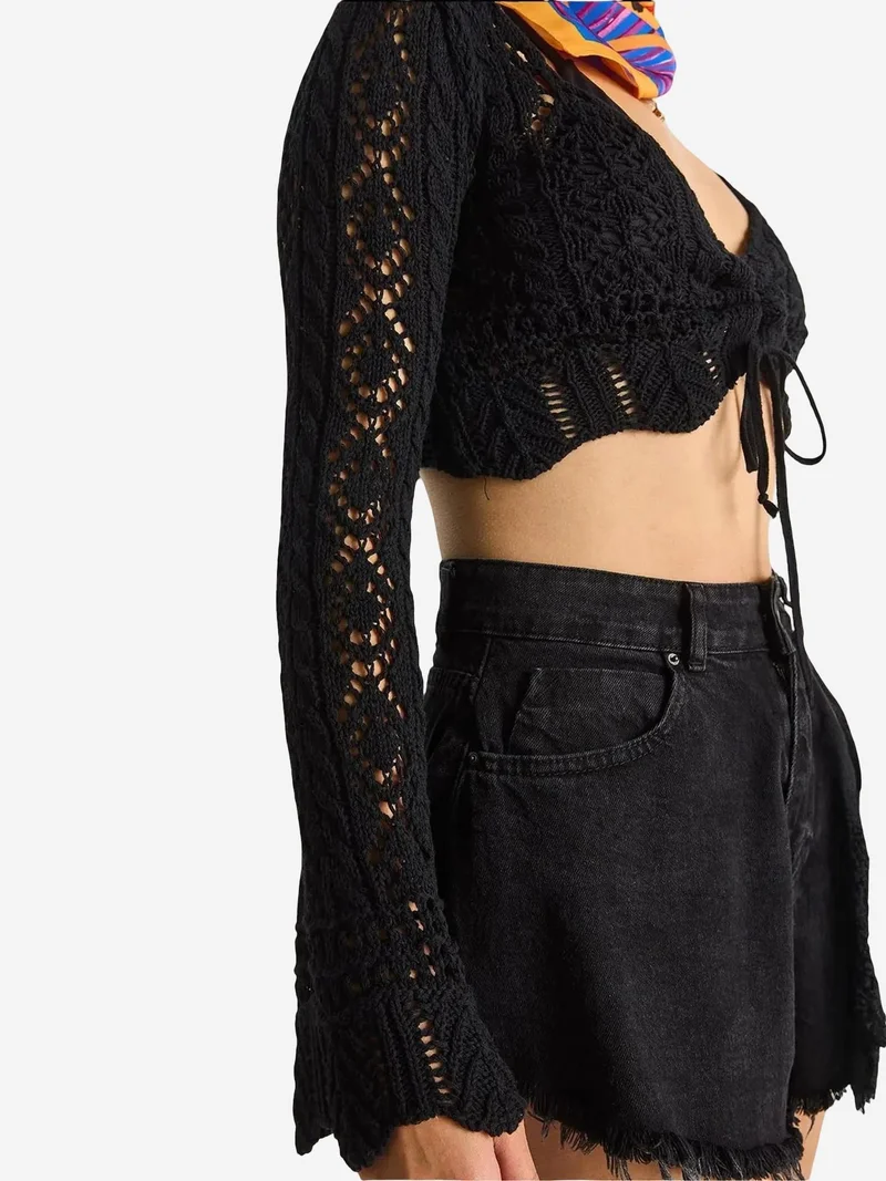 Bianco Lucci Black LUCCI Knitwear V-Neck Long Sleeve Crop Bolero for Women | Best Price UAE