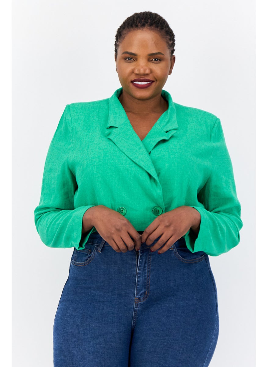 Flounce London Women Plus Size Chambray Semi Formal Cropped Blazer, Bold Green  - Image 1