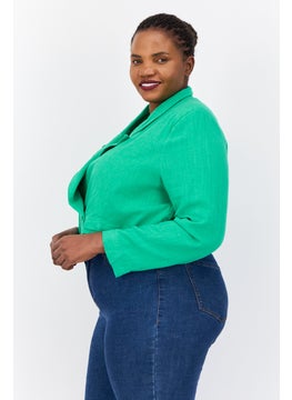 Flounce London Women Plus Size Chambray Semi Formal Cropped Blazer, Bold Green  - Image 3