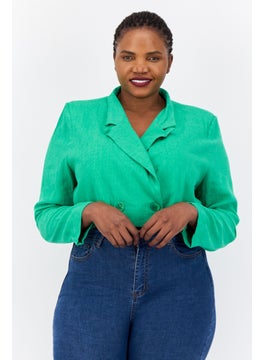 Flounce London Women Plus Size Chambray Semi Formal Cropped Blazer, Bold Green  - Image 1