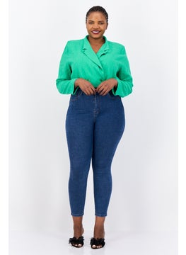 Flounce London Women Plus Size Chambray Semi Formal Cropped Blazer, Bold Green  - Image 4