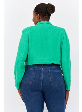 Flounce London Women Plus Size Chambray Semi Formal Cropped Blazer, Bold Green  - Image 2