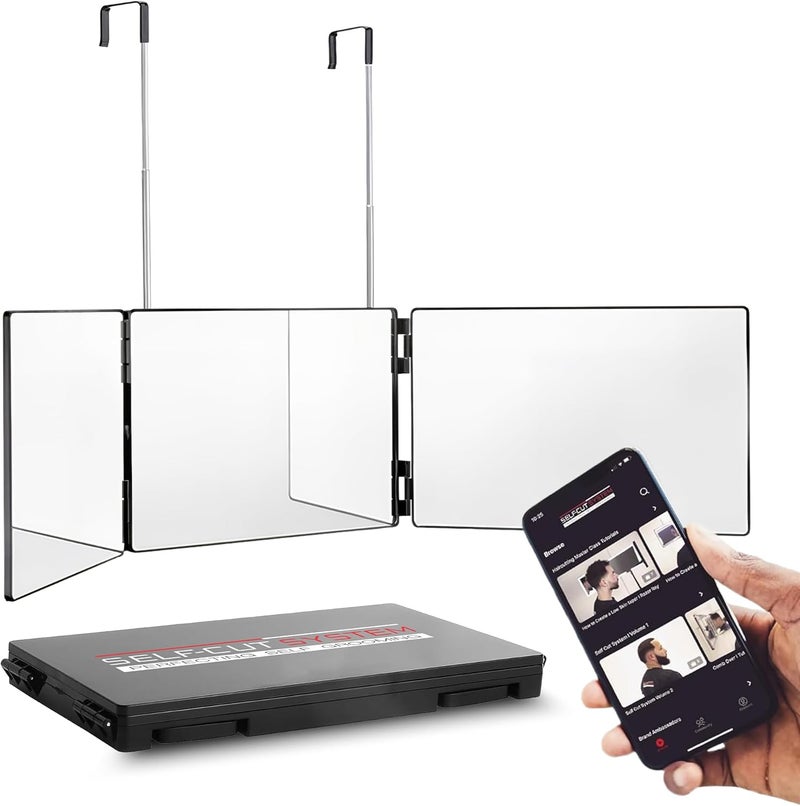 SELF-CUT SYSTEM Travel Version - Three Way Mirror for Self Hair Cutting with Height Adjustable Telescoping Hooks and Free Educational Mobile App - Image 1