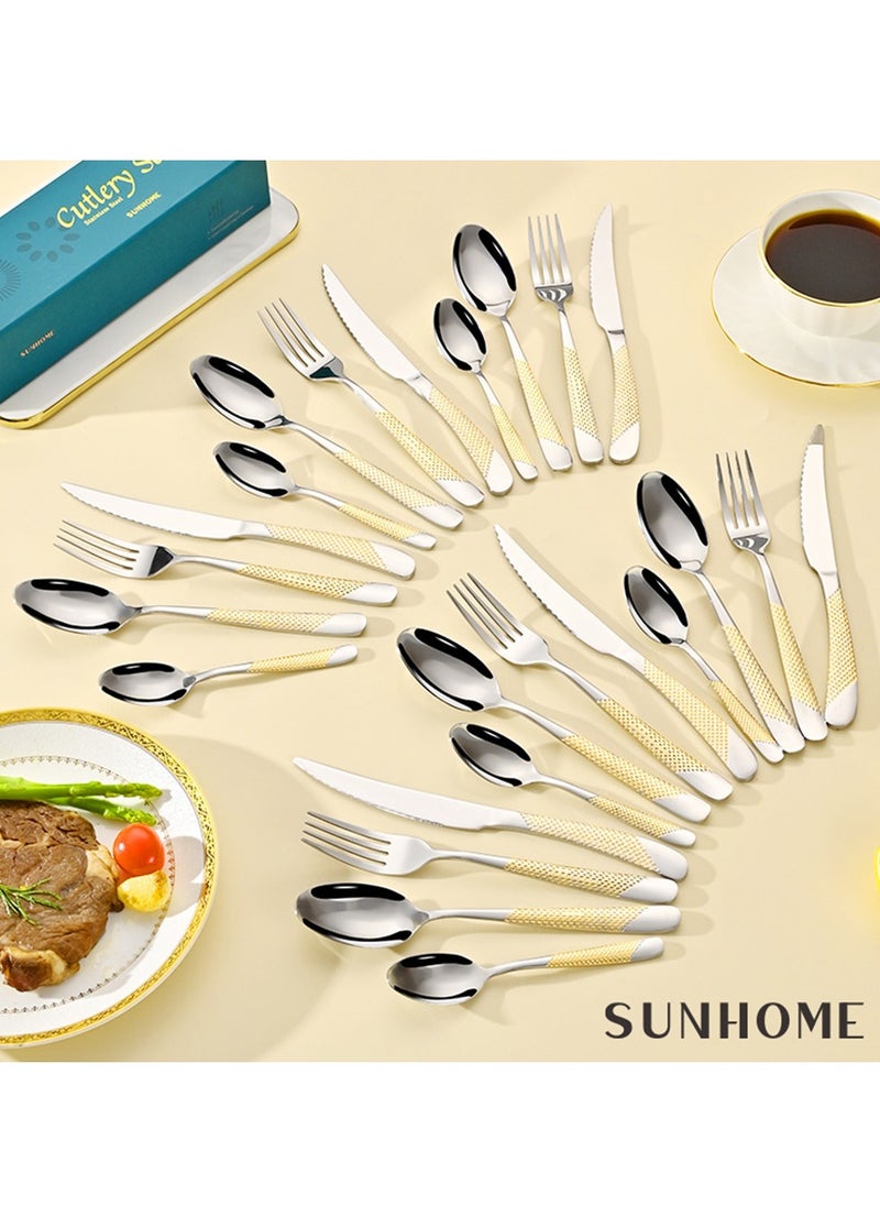 Sunhome SUNHOME 24-Piece Stainless Steel Cutlery Set Kitchen Utensil Set Western Tableware Suitable For Home Kitchen Restaurant Hotel Party Dining Picnic Dining Exquisite Packaging Gift Gold  - Image 4
