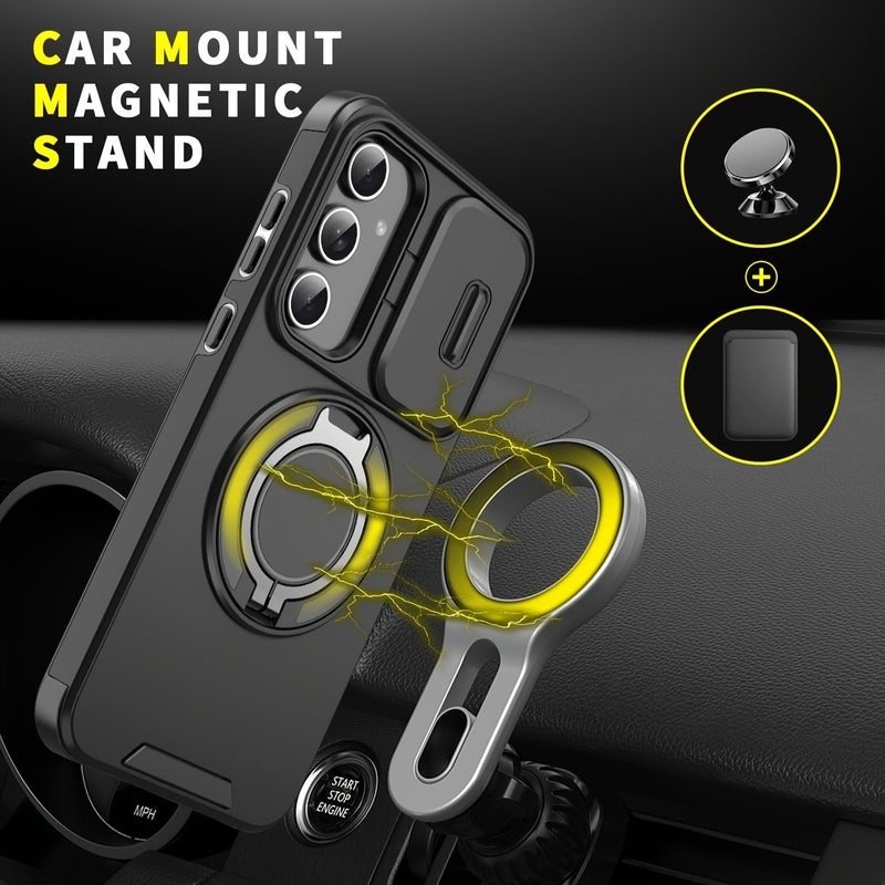 3pcs 1 Luxury Phone Case And 2 HD Screen Protectors Suitable For Samsung Galaxy S25 FE Red Sliding Camera Cover Full Camera Protection 360 Degree Rotating Ring Stand Car Magnetic Mount Matte Texture Shockproof Protective Shell Mobile - Image 5
