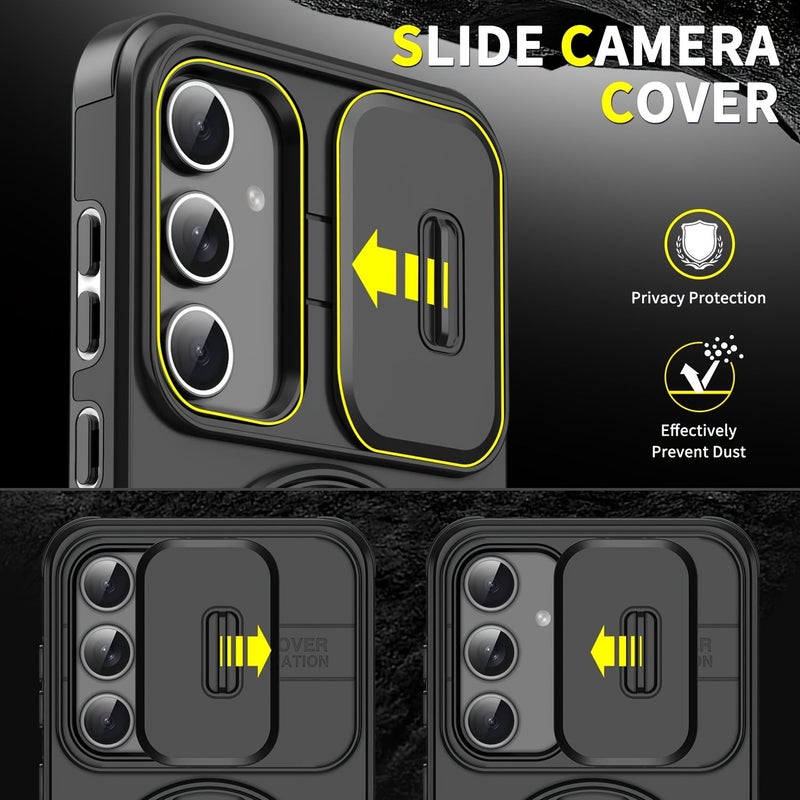 3pcs 1 Luxury Phone Case And 2 HD Screen Protectors Suitable For Samsung Galaxy S25 FE Red Sliding Camera Cover Full Camera Protection 360 Degree Rotating Ring Stand Car Magnetic Mount Matte Texture Shockproof Protective Shell Mobile - Image 3