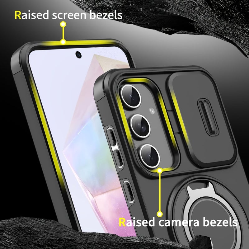 3pcs 1 Luxury Phone Case And 2 HD Screen Protectors Suitable For Samsung Galaxy S25 FE Red Sliding Camera Cover Full Camera Protection 360 Degree Rotating Ring Stand Car Magnetic Mount Matte Texture Shockproof Protective Shell Mobile - Image 4