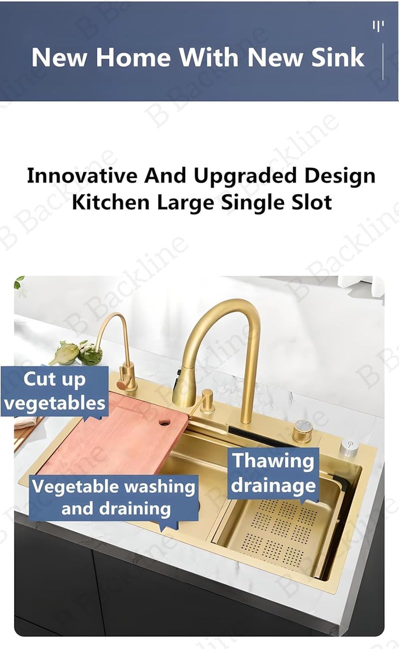 B BACKLINE حوض مطبخ B Backline من الفولاذ المقاوم للصدأ 304 مع صنبور قابل للسحب ووضع شلال، صنبور مياه معدني RO، غسالة زجاج، سلة فواكه، لوح تقطيع، حوض مطبخ 30 × 18 × 9 بوصة، ذهبي - Image 4