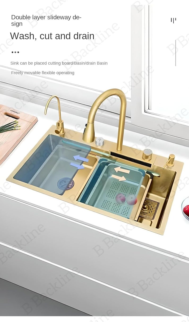 B BACKLINE حوض مطبخ B Backline من الفولاذ المقاوم للصدأ 304 مع صنبور قابل للسحب ووضع شلال، صنبور مياه معدني RO، غسالة زجاج، سلة فواكه، لوح تقطيع، حوض مطبخ 30 × 18 × 9 بوصة، ذهبي - Image 3