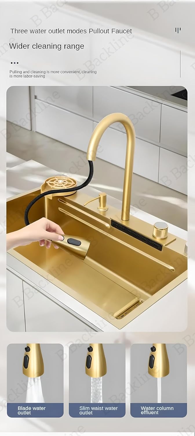 B BACKLINE حوض مطبخ B Backline من الفولاذ المقاوم للصدأ 304 مع صنبور قابل للسحب ووضع شلال، صنبور مياه معدني RO، غسالة زجاج، سلة فواكه، لوح تقطيع، حوض مطبخ 30 × 18 × 9 بوصة، ذهبي - Image 5