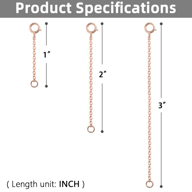 VANBARIS Rose Gold Necklace Extender Rose Gold, 925 Sterling Silver Necklace Extender Chain Bracelet Anklet Jewelry Extension for Women, 3 Piece Set (1, 2, 3 Inches) - Image 3