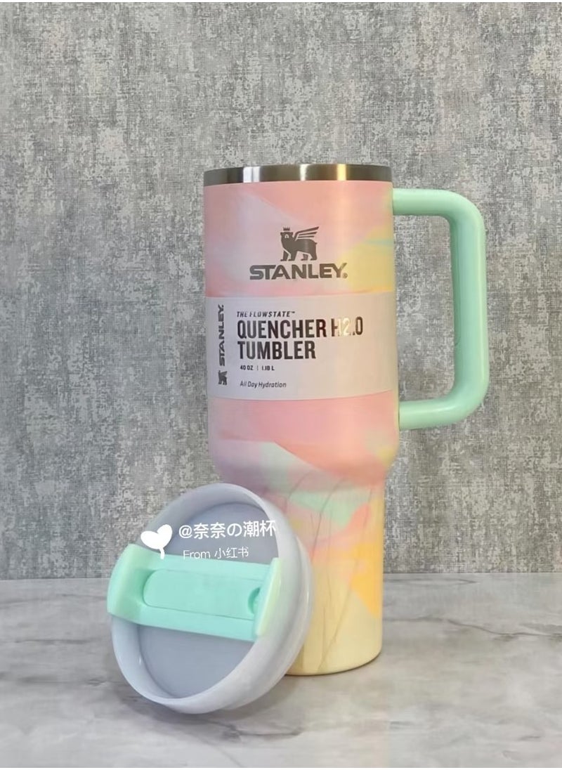 Quencher H2.0 FlowState Stainless Steel Vacuum Insulated Tumbler with Lid and Straw for Water, Iced Tea or Coffee, Smoothie and More, 40 oz Stainless Steel 32x15x 10cm,Macaron Pink