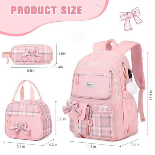 Bevalsa Backpack for Girls School Bags for Kids with Lunch Bag Pen Case Bow Plaid Bookbag for Girls Children Teens for Elementary Middle High school College Student with USB Charging Port - Image 3