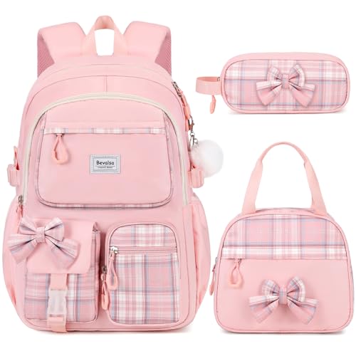 Bevalsa Backpack for Girls School Bags for Kids with Lunch Bag Pen Case Bow Plaid Bookbag for Girls Children Teens for Elementary Middle High school College Student with USB Charging Port - Image 1