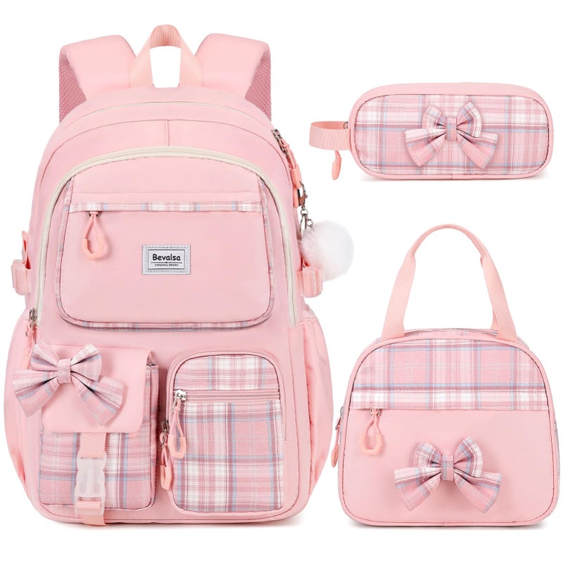 Bevalsa Backpack for Girls School Bags for Kids with Lunch Bag Pen Case Bow Plaid Bookbag for Girls Children Teens for Elementary Middle High school College Student with USB Charging Port - Image 2