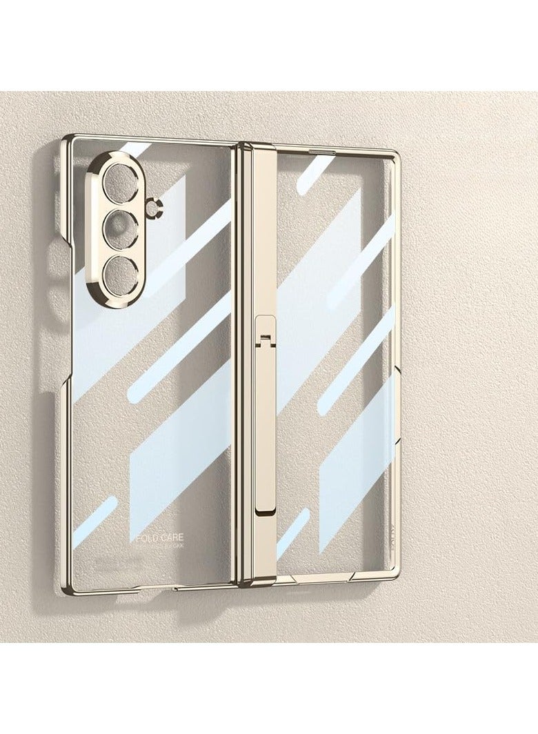 عام "غلاف شفاف متوافق مع هاتف Samsung Galaxy Z Fold 7 - إطار مذهّب فائق الرقة مع حامل مغناطيسي، فيلم مقوى عالي الوضوح مع حامل مخفي"