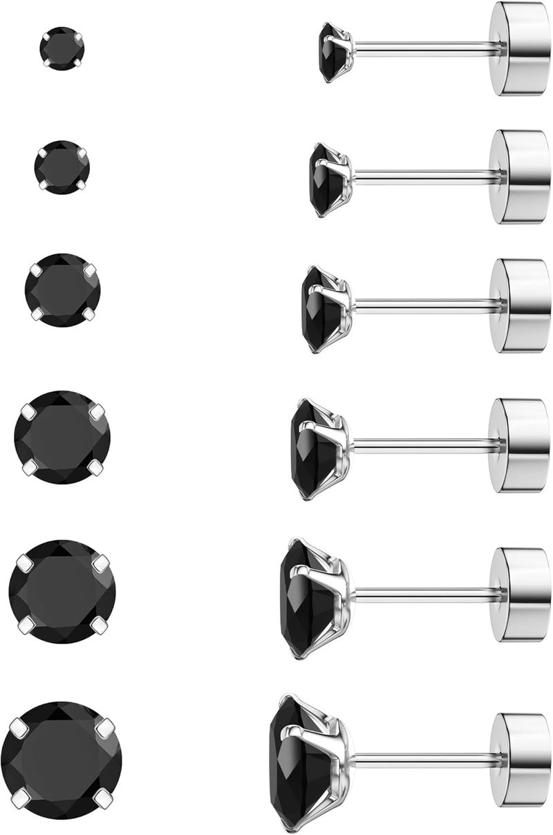 WSSXC 6 Pairs Hypoallergenic Cubic Zirconia Earrings Surgical Steel Flat Back Studs for Cartilage, Screw Back Fashion Jewelry - Image 1