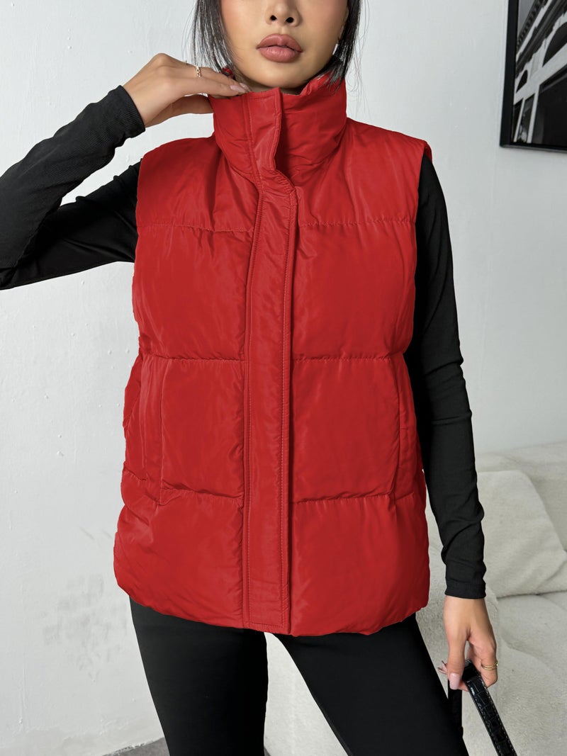 Zeagoo Women Puffer Vest Lightweight Stand Collar Sleeveless Winter Warm Zip Up Padded Outerwear Jackets with Pockets Red L - Image 4
